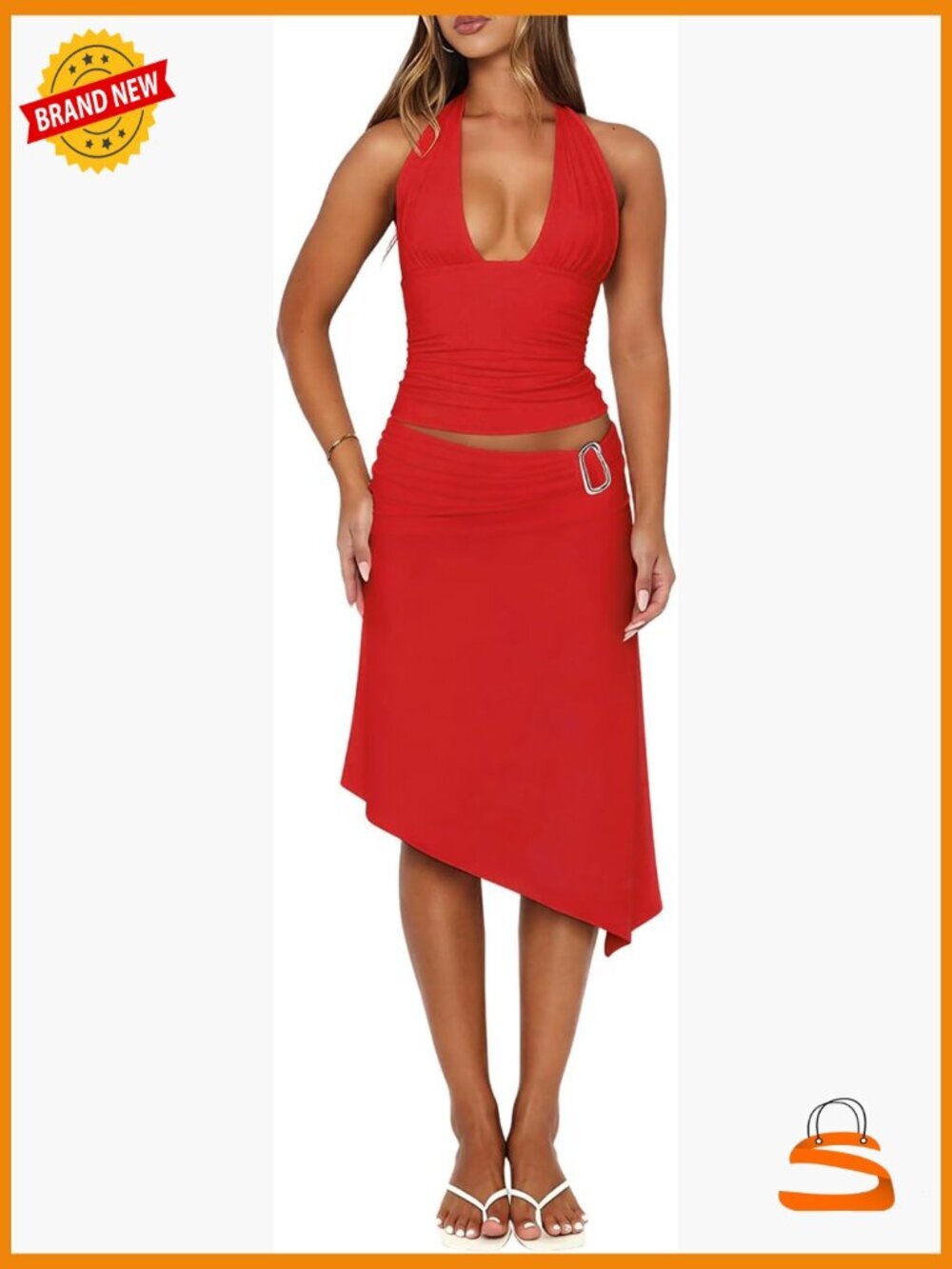 Deep V Neck Halter Top and Asymmetrical Midi Skirt Set - 2 Piece Summer Outfit